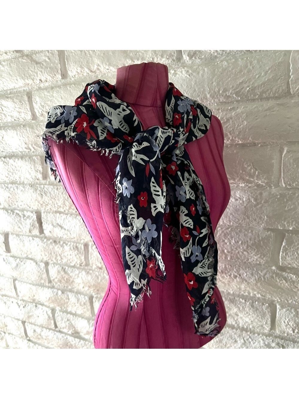 Atmosphere Black Red White Purple Flowers Birds Scarf